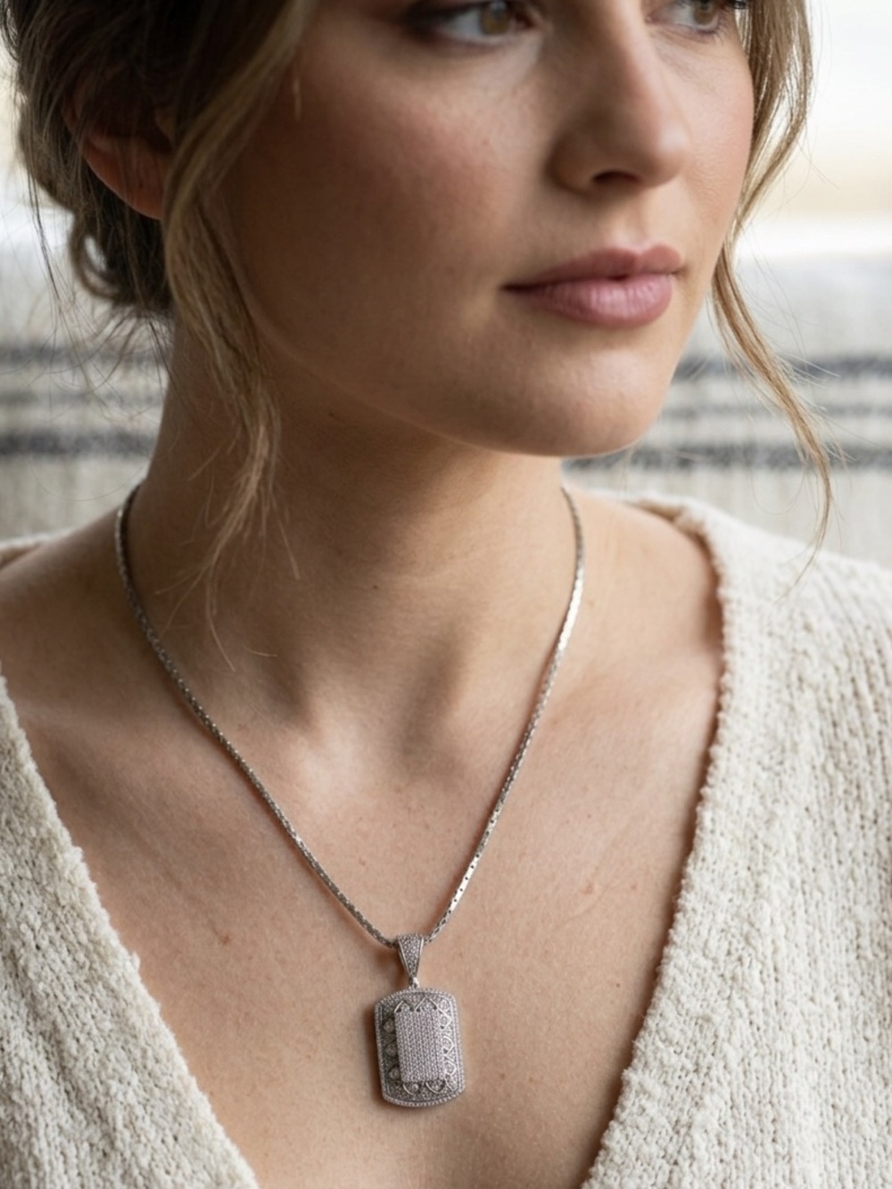 Sterling Silver Pavé Dog Tag Pendant Necklace in Silver